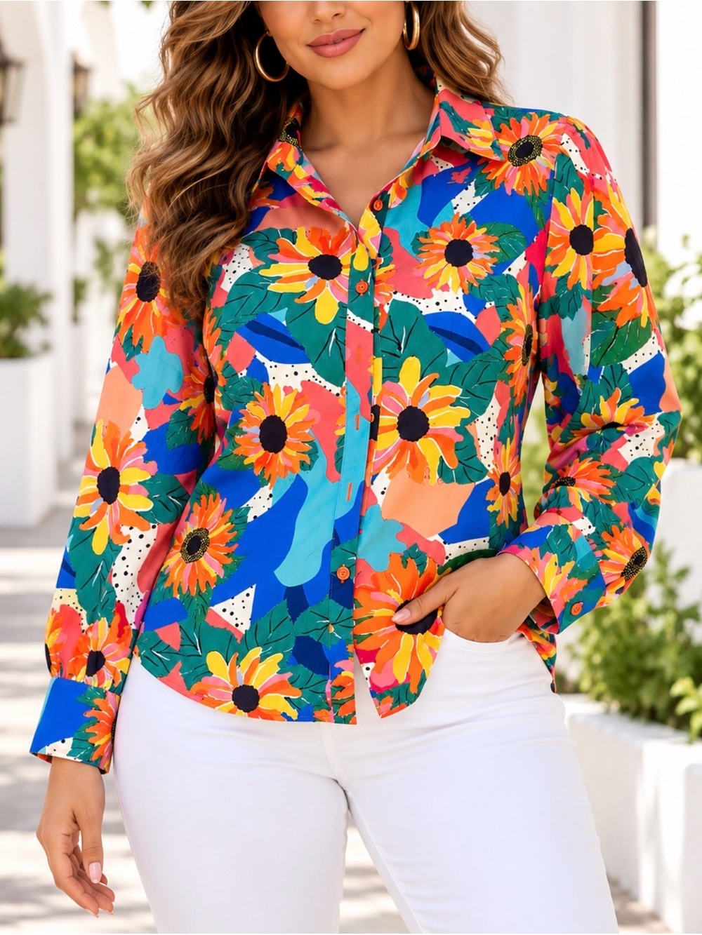 Zeagoo~ Floral Sunflower Button-Up Blouse in Multicolor - Women L
